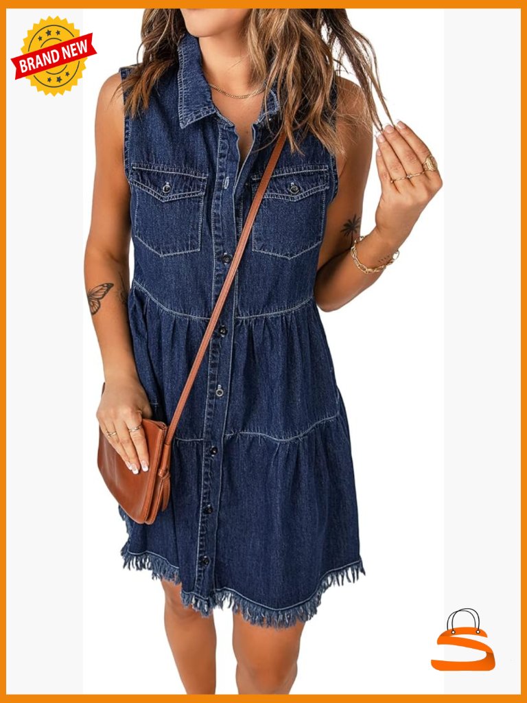 Casual Sleeveless Button Down Denim Mini Dress A-Line Tiered